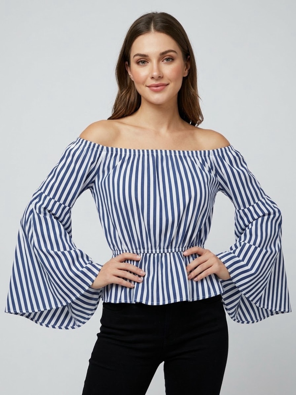 Striped Off-Shoulder Peplum Blouse in Navy and White